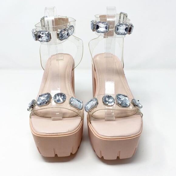 ASOS Light Pink Chunky Heel Sandals w PVC and Rhinestones Sz 6 Adjustable Strap - Picture 3 of 12